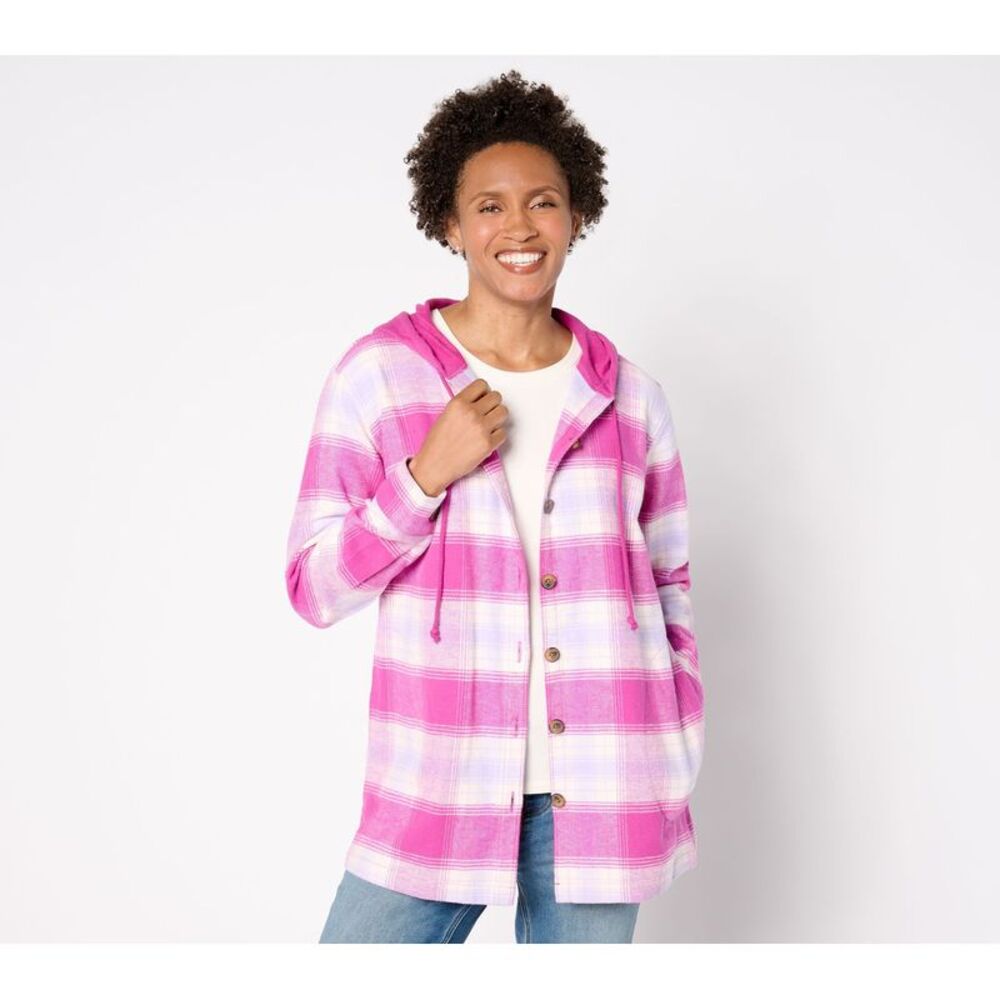 Belle by Kim Gravel Women's Plus Sz Jacket 1X Hooded Plaid Shacket Pink
